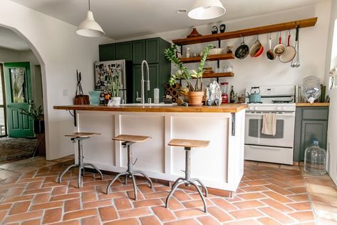 This Charming Home Is a Nod to Simplicity, Right Down to the Artwork | Hunker Tetonia Idaho, Spanish Farmhouse, Kitchen Color Trends, Tudor Kitchen, Herringbone Kitchen, Kitchen Revamp, Kitchen Floor Tiles Ideas, Saltillo Tile, London Houses