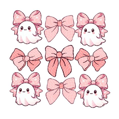 Cute Girly Things, Cute Ghost Design, Pink Halloween Drawing, Kawaii Ghost Tattoo, Girly Ghost, Pink Bow Halloween Wallpaper, Kawaii Ghost, Girly Halloween Illustration, Pastel Goth Clipart