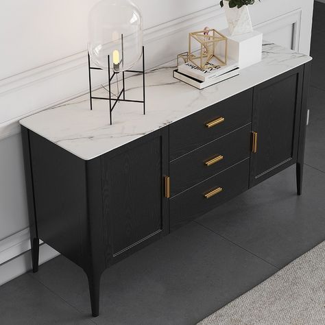 Modern Black Faux Marble Top 47"/63" Sideboard Buffet with Drawers & 2 Doors Kitchen Cabinet Gold Pull Dining Room Sideboard Ideas Modern, Marble Buffet Table, Buffet With Marble Top, Bachelorette House, Black Buffet Table, Entryway Sideboard, Black Buffet Sideboard, Modern Black Sideboard, Marble Top Buffet