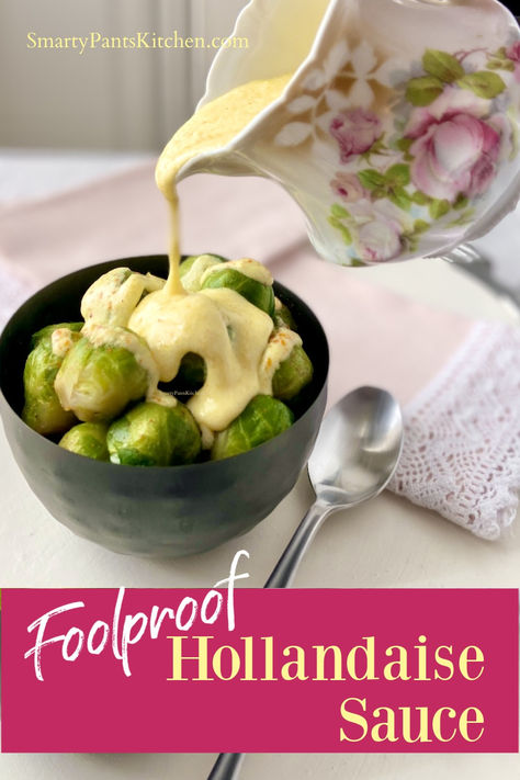 Hollandaise sauce being drizzled over Brussels sprouts. Blender Hollandaise Sauce, Sauce For Eggs, Hollandaise Sauce Recipe, Easy Hollandaise, Easy Hollandaise Sauce, Blender Hollandaise, Recipe For Hollandaise Sauce, Cream Sauce Recipes, Sauce Hollandaise