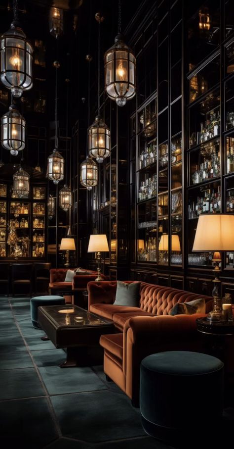 Speakeasy Lounge Decor, Brick Speakeasy, Gentleman’s Club Aesthetic, Dark Academia Bar Aesthetic, Diy Speakeasy Bar, Roaring 20s Interior Design, Brick Basement Bar, Gentlemens Club Aesthetic, Vintage Speakeasy Aesthetic