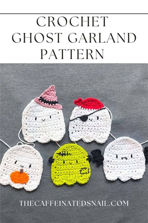 Get spooky this Halloween with my crochet ghost garland pattern! Each adorable ghost has its own unique personality, ready for a night of trick-or-treating fun. Perfect as festive décor or even as coasters, these ghosts are made using cotton yarn for durability and charm. Add a personal touch with costumes, bat wings, or witch hats! Click for the pattern and get started on your crochet Halloween decorations! #CrochetHalloween #GhostGarland #DIYHalloweenDecor #CrochetPattern Crochet Ghost Garland Free Pattern, Crochet Ghost Coaster, Crochet Halloween Decor, Crochet Ghost Applique, Ghost Crochet Pattern, Crochet Halloween Decorations, Ghost Garland, Crochet Ghost, Crochet Garland