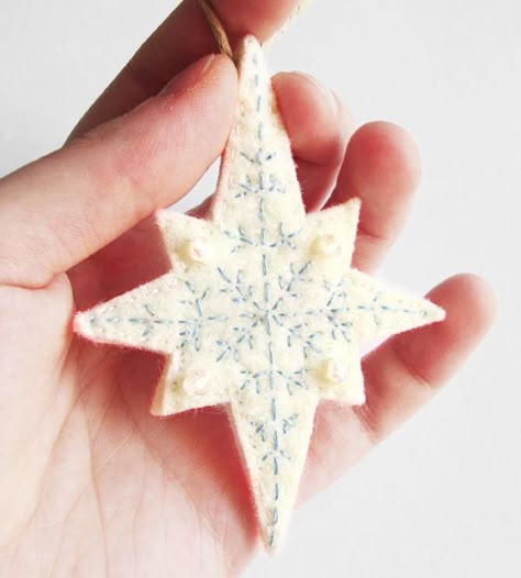 Star Wall Hanging, Christmas Ornament Template, Felt Star, Diy Felt Christmas Ornaments, Heather Rose, Christmas Snowflakes Ornaments, Felt Crafts Christmas, Felt Gifts, Embroidered Felt