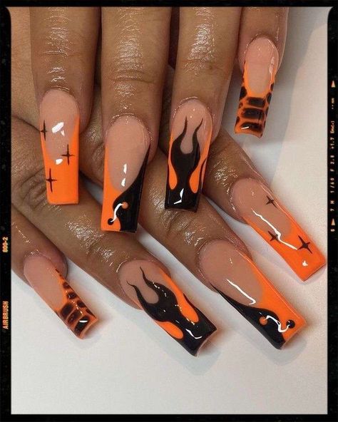 Nails Halloween Orange And Black, Neon Orange Flame Nails, Halloween Red Acrylic Nails, Fall Flame Nails, Black And Orange Flame Nails, Pink Orange And Black Nails, Orange Flames Nails, Orange Flame Acrylic Nails, Fall Nails Orange And Black