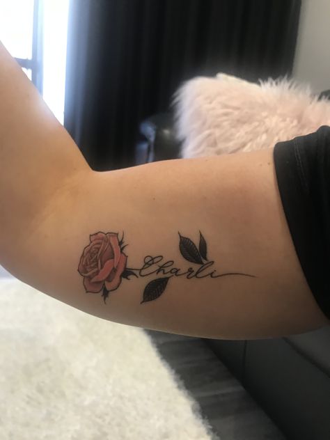 Rose tattoo with name of child Memorial Rose Tattoo, Child Tattoo Ideas For Women, Rose With Name Tattoo, Olivia Tattoo, Rose Tattoo With Name, Child Tattoo, Kid Name Tattoo, Pink Rose Tattoos, Small Rose Tattoo