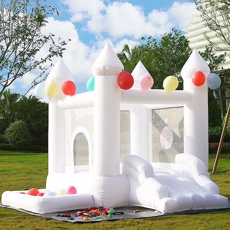 Small White Castle Bounce House with Slide and ball pit perfect for toddlers Birthday parties Ball Pit With Slide, House With Slide, White Bounce House, Bounce House With Slide, Family Backyard, Bubble House, Inflatable Bouncers, House Family, Inflatable Slide