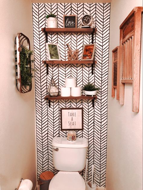 Half Bath Shelving, Peel And Stick Wallpaper Behind Toilet, Chevron Bathroom Wall, Peel And Stick Wallpaper In Bathroom, Wallpaper Laundry Room Accent Walls Bohemian, Small Bathroom Wallpaper Boho, Bathroom Accent Wall Paint, Wallpaper Behind Toilet, Peel And Stick Bathroom Wall