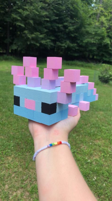 “white” blue and pink wooden block minecraft axolotl Minecraft Flower Out Of Blocks, Minecraft Axalotal, Diy Minecraft Wooden Blocks, Axolotl Minecraft Block Art, Diy Minecraft Axolotl, Block Art Minecraft, Wooden Blocks Decor Craft Ideas Minecraft, Minecraft Bee Wooden Blocks, Minecraft Pink Decoration