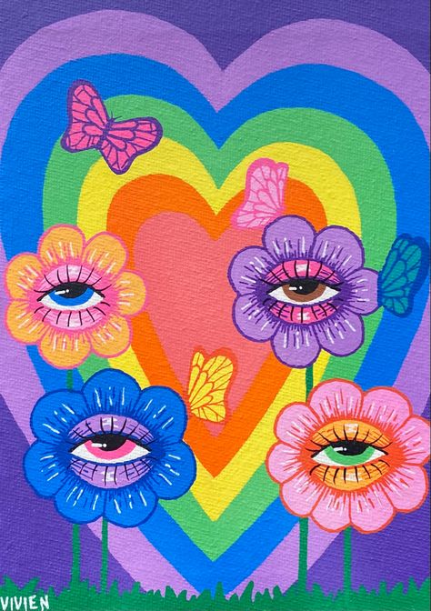 Paint Pen Paintings, Trippy Flower Art, Trippy Hippy Painting Ideas, Groovy Art Aesthetic, Weirdcore Painting, Things To Paint On Canvas Trippy, Eye Abstract Art, Trippy Painting Ideas Creative, Funky Art Painting