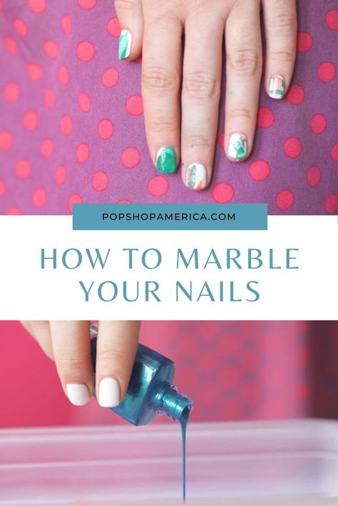 In this easy DIY tutorial, learn how to marble your nails and make cool swirls of color with nail polish and water! This nail art is so dreamy. By Pop Shop America. Diy Marble Nails Easy, Nail Polish Water Marbling, Easy Marble Nails, Diy Marble Nails, Nail Polish Marbling Crafts, Nail Polish In Water, Marble Nails Diy, Marbled Nails, Marble Nail Polish