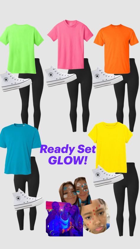 ready set glow dance inspo Neon School Dance Outfits, Neon Day Outfit, Neon Day At School, School Dance Outfits, Rally Ideas, Glow Outfits, Glow Dance, Rally Idea, Homecoming Spirit Week