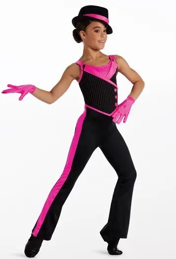 STUDIO EXCLUSIVEJumpsuit with shiny spandex lapel, straps and trimPinstripe stretch suit bodice with jewel faux buttonsShiny spandex bottoms have contrast side stripeGlitter free!ImportedFabric : Rayon/Nylon/Polyester/SpandexIncludes : Fedora, short gloves. African Dance Costumes, Dance Costumes Tap, Twirling Dress, Dance Costumes Dresses, Tap Costumes, Pinstripe Jumpsuit, Exercise Clothes, Costumes Dresses, African Dance