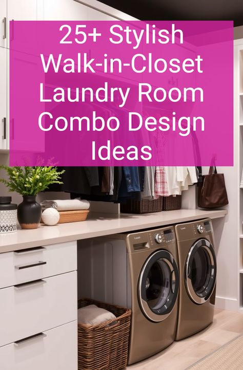 25+ Stylish Walk-in-Closet Laundry Room Combo Design Ideas Walk In Closet Ideas With Laundry, Walk In Closet With Laundry Room, Laundry Office Combo Layout, Primary Closet With Laundry, Washer And Dryer In Master Closet, Laundry In Closet Master, Walk In Closet With Washer And Dryer, Laundry Room Closet Combo, Master Closet Laundry Combo