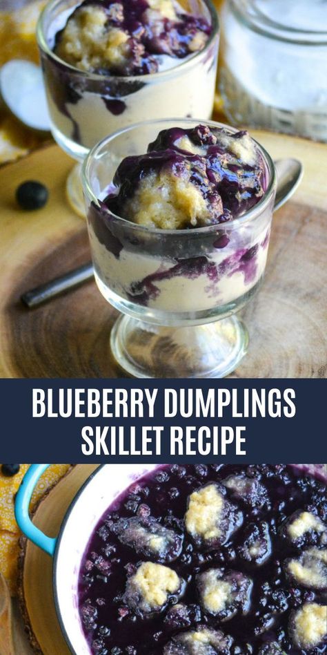 This blueberry dumplings skillet is a casual dessert bursting with fresh summer berries. Ready in less than a half hour, this skillet slump is a delicious and alternative to cobblers, crisps and crumble. Serve it warm with a scoop of vanilla ice cream for a down home taste of the best warm weather flavors there are! #dessert #summer #recipe Berry Dumplings Recipe, Sweet Dumplings Recipe, Blueberry Dumplings Easy, Berry Dumplings, Blueberry Slump, Plant Breakfast, Blueberry Dumplings, Blackberry Dumplings, Huckleberry Recipes