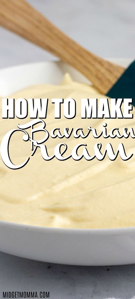 Bavarian Cream Recipe - How to make Bavarian Cream for cake and donuts filling. Super easy to make and tastes delicious! Donuts Filling, Bavarian Cream Recipe, Cream For Cake, Bavarian Cream Filling, Cream Filling Recipe, Pastry Cream Recipe, Donut Filling, Cake Filling Recipes, Bavarian Cream