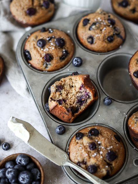 Blueberry Thyme Collagen Muffins Collagen Muffins, Coconut Oil Chocolate, Banana Blueberry Muffins, Strawberry Protein, Midday Snack, Food Addict, Filled Muffins, Protein Muffins, Pastry Flour