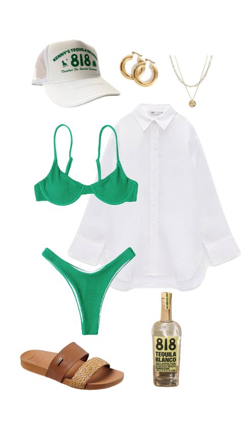 Outfit Inspo With Trucker Hat, Cute Beach Hat, Trucker Hat Summer Outfit, Summer Outfits Swimsuit, River Day Outfit Summer, Boat Outfit Women Summer, Green Swimsuit Outfit, River Outfits Summer, Trucker Hat Outfit Summer