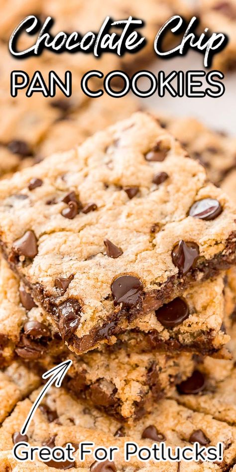 Skip the scooping and multiple batches and make Chocolate Chip Pan Cookies instead! They are tender, chewy, easy and perfect for a crowd! Made with simple ingredients like eggs, flour, butter, sugar, and of course, chocolate chips, they’re baked in a pan and cut into squares. Pan Chocolate Chip Cookies, Sheet Pan Chocolate Chip Cookies, Easy Chocolate Chip Cookies 3 Ingredients Simple, Pan Chocolate Chip Cookie Recipe, Sheet Pan Chocolate Chip Cookie Bars, Chocolate Chip Sheet Pan Cookies, Chocolate Chip Pan Chewy, Chocolate Chip Cookie Bars Sheet Pan, Chocolate Chip Pan Cookies Bar Recipes