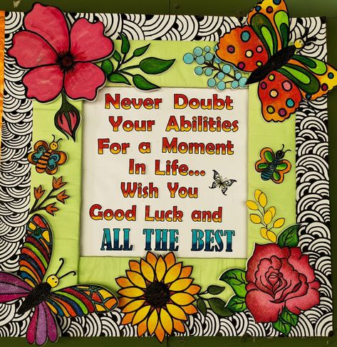 Exam Soft Board Decoration, All The Best For Exams Board Decoration, Exam Board Decoration Ideas, Art Class Decor, Class Board Decoration, Notice Board Decoration, School Wall Art Ideas, Good Luck For Exams, Soft Board Decoration