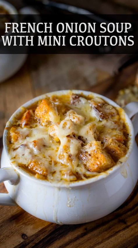 If you like onions and soup, then you have to be a French Onion Soup fan. A rich, sweet, flavorful onion laden soup with mini floating croutons and lots of melted gruyère cheese. You can't beat a good French onion soup recipe and I have a good one for you. #frenchonionsoup #frenchonionsoupcroutons #classiconionsoup French Onion Soup For A Crowd, Condensed French Onion Soup Recipe, Brunch Soup Ideas, Croutons For French Onion Soup, French Onion Soup With Croutons, Homemade Croutons For French Onion Soup, Healthy French Onion Soup Recipe, The Kitchen French Onion Soup, French Onion Soup Small Batch