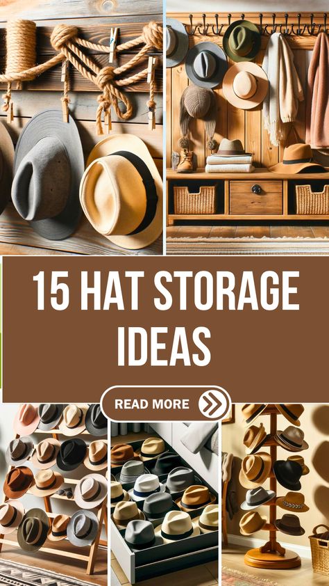 15 Hat Storage Ideas to Keep Collection Organized – The DIY Desire Diy Hat Storage, Diy Hat Display, Hat Storage Ideas, Baseball Hat Storage, Diy Hat Rack, Cowboy Hat Rack, Hat Shelf, Big Boy Bedrooms, Big Basket