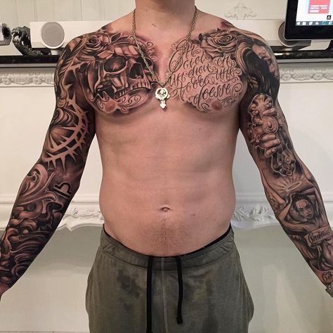 Tattoo Full Chest For Men, Rare Chest Tattoos Men, Left Chest Tattoo Men Ideas, Statue Chest Tattoo, Chicano Chest Tattoo Men, Chest Peices Tattoos For Men, Pec Tattoo Men, Chest Tats Men, Chicano Chest Tattoo