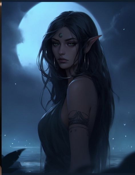 Dark Elf Black Hair, Black Hair Elf Female Art, Elf With Black Hair, Elf Black Hair, Dark Elf Female, Blue Elf, Black Hair Green Eyes, Elf Princess, Fantasy Romance Novels