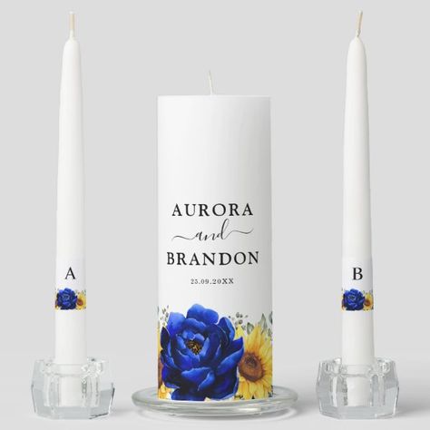 Royal Blue Rustic Sunflower Modern Floral Wedding Unity Candle Set Wedding Unity Candle, Wedding Unity Candle Set, Wedding Unity Candles, Artisan Candles, Unity Candle Sets, Elegant Bouquet, Wedding Unity, Candle Art, Unity Candle