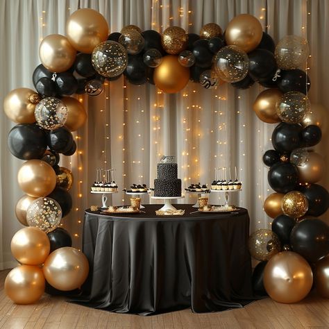 Black And Gold Balloon Backdrop, Balloon Garland Black And Gold, Black And Gold Backdrop With Balloons, Black And Gold Balloon Arch Backdrop, Black And Gold Round Balloon Arch, Black And Gold Balloons Background, Black And Gold Balloons, Balloon Cake, Gold Balloons