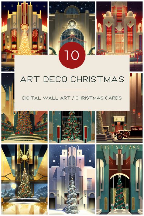 These 10 digital retro Christmas art prints have a 1920's art deco style and would make a great addition to your Christmas party decorations. Greens, reds and golds continue through all of the printable wall art to create a cohesive collection. This throwback collection of original artworks can be printed out to create a gallery art wall, or posted throughout the room to bring bold vintage holiday vibes to your Christmas party. These designs also make perfect Christmas cards! Card Party Decor, 1920s Christmas, Christmas Art Prints, Art Deco Christmas, Christmas Gallery Wall, Christmas Card Art, Holiday Vibes, Printable Christmas Cards, 1920s Art Deco