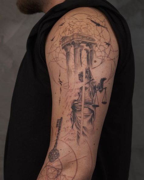 Themis tattoo design #godessofjustice #godessofpeace #finelinetattoo #finelinerealistic #tattoo #tattoodesign Justice Scale Tattoo, Themis Tattoo, Sleeve Ideas, Sleeves Ideas, Tattoo Sleeve Designs, Tattoo Design, Sleeve Tattoos, Tattoo Designs, Tattoos