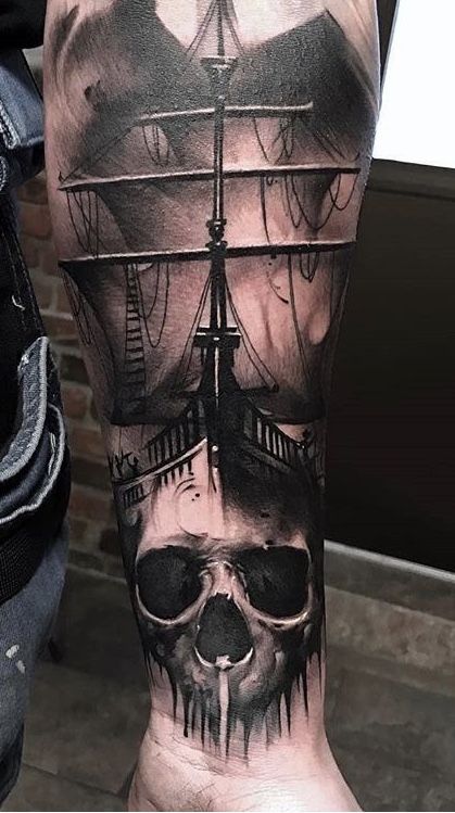 Pirate Skull Tattoos, Nautical Tattoo Sleeve, Pirate Tattoo, Realistic Tattoo Sleeve, Skull Sleeve Tattoos, Skull Sleeve, Men Tattoos Arm Sleeve, Chicana Style, Forarm Tattoos