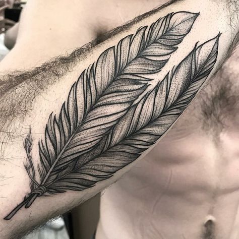 Feather tattoo by Sasha Masiuk Sasha Tattoo, Feather Tattoo For Men, Eagle Feather Tattoos, Tattoo Feather, Indian Feather Tattoos, Cowboy Tattoos, Country Tattoos, Peacock Feather Tattoo, Feather Tattoo Design