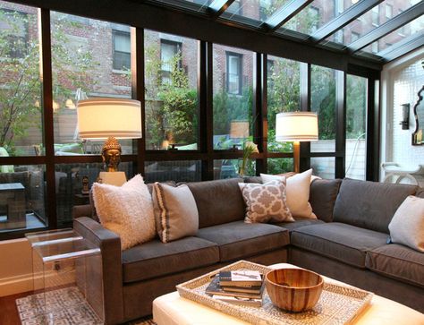 Beautiful Wrap Around Windows, Gray Sofa Living, Apartment Therapy House Tours, Grey Sofa Living Room, Boat Interiors, Houses Architecture, Gray Sectional, Cozy Loft, Grey Couch Living Room