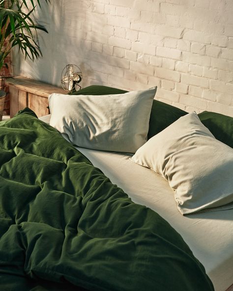 Give your bed an upgrade with our sage green and dark green bedding set. Washed cotton is luxuriously soft to the touch and highly breathable, helping to regulate body temperature through the night. It is an effortless fabric, designed to look good even without ironing. Crafted from the finest fibres in Portugal. Green Comforter Bedroom, Brown Bed Sets, Brown Bed Sheets, Green Bed Sheets, Brown Bedding, Green And White Bedroom, Green Bedding Set, Green Comforter, Sage Green Bedroom