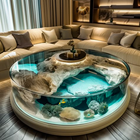 Fishtank Ideas Furniture, Aquarium In Living Room, Aquarium In House, Coffee Table Aquarium, Coffee Table Fish Tank, Living Aquarium, Aquarium Table, Table Aquarium, Fish Tank Coffee Table