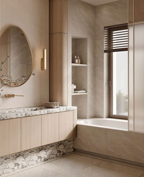 Elegant Bathroom Vanity, Curved Interior, Shower Cabinets, Black Shower Doors, Taupe Walls, Modern Home Interior, Beige Bathroom, Modern Bathrooms, Bathroom Idea