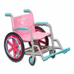 Pink wheelchair Pink Wheelchair, Wheel Chair, Newborn Shoes, Pink Things, American Doll Clothes, Character References, Fabric Seat, American Doll, Pretty Cakes