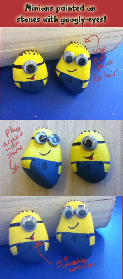 minions with smooth stones, googly-eyes, puff paint, and paintpens. Rock Painting With Googly Eyes, Rock Painting Googly Eyes, Painted Rocks With Googly Eyes, Minions Friends, Fun Easter Crafts, Puff Paint, Eye Painting, Landscape Paintings Acrylic, Rock Design