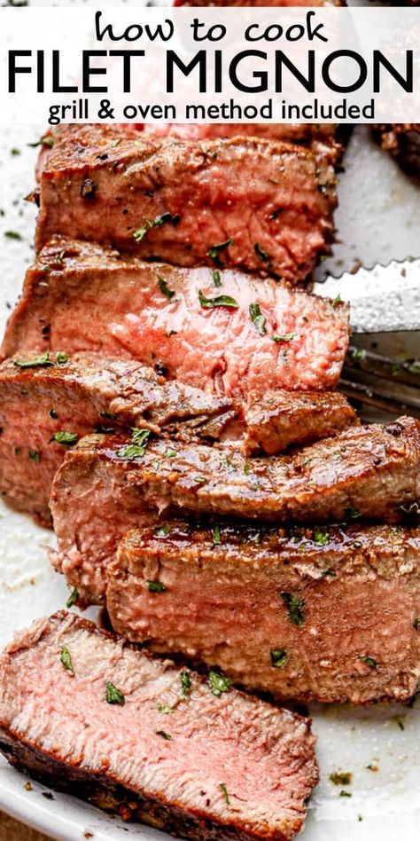 Perfect Filet Mignon cooked two different ways - pan seared and finished in the oven, or grilled! This easy filet mignon recipe is juicy and tender. #filetmignon #steak #datenight Filet Mignon Steak Recipes, Grilling Filet Mignon, Filet Mignon Recipes Grilled, Best Filet Mignon Recipe, Filet Migon, Perfect Filet Mignon, Filet Mignon Recipe, Filet Recipes