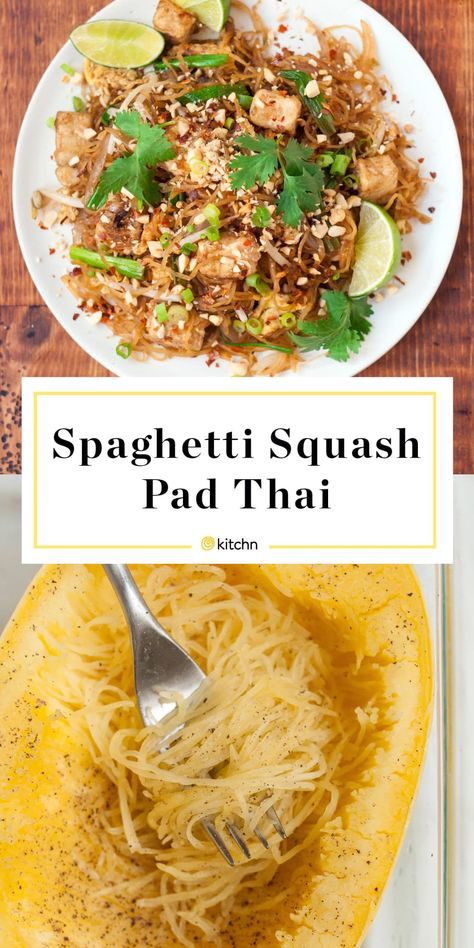 Spaghetti Squash Pad Thai | Kitchn Spaghetti Squash And Cabbage Recipes, Spaghetti Squash Pad Thai, Squash Noodles, Pad Thai Recipe, Takeout Food, Spaghetti Squash Recipes, Idee Pasto Sano, Squash Recipes, Spaghetti Squash