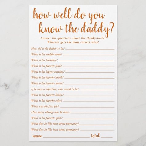 Fall Baby Shower | Orange Know Daddy Best Game - tap, personalize, buy right now! #modern #baby #shower #game, #who Fall Gender Reveal Party, Fall Baby Shower Games, Orange Nursery, Reveal Party Games, Modern Baby Shower Games, Neutral Party, Gender Reveal Party Games, Fall Orange, Modern Halloween