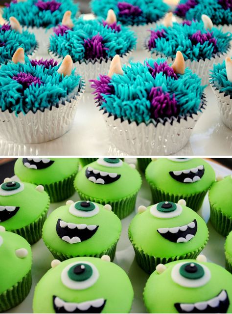 Theme Cupcakes Ideas, Cute Decorated Cupcakes, Monsters Inc Party Food, Fondant Cupcakes Ideas, Monsters Inc Food Ideas, Monster Inc Birthday Party, Monster Inc Cake, Disney Cupcakes Ideas, Monster Inc Birthday Party Ideas