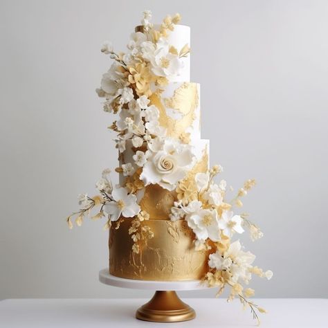 Gold Leaf Wedding Cake, Leaf Wedding Cake, Ukrasavanje Torti, 24th Birthday Cake, Golden Wedding Anniversary Cake, Golden Wedding Cake, White And Gold Wedding Cake, Quince Cakes, Gold Wedding Cakes