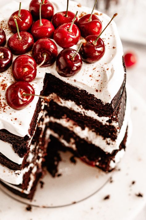 Dairy-Free Black Forest Cake - Caked by Katie Cherry Cake Filling, Black Forest Cake Recipe, Chocolate Cherry Cake, Dairy Free Cake, Cherry Liqueur, Chocolate Sponge Cake, Canned Cherries, Store Bought Cake, Black Forest Cake