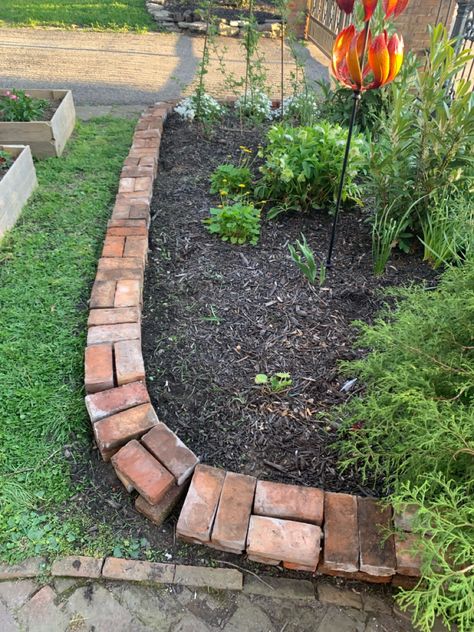 Old Brick Border Edging, Landscape Brick Ideas, Red Brick Ideas Landscaping, Bricks In Garden Ideas, Front Yard Landscaping Brick Border, Repurpose Bricks Ideas, What To Do With Extra Bricks Ideas, Landscape Ideas Brick, Recycled Brick Garden Edging