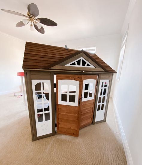 Kidkraft Modern Playhouse Makeover, Wood Playhouse Makeover, Costco Playhouse Makeover, Step Makeover, Costco Playhouse, White Playhouse, Kids Playhouse Makeover, Playhouse Diy, Playhouse Decor