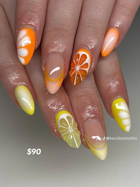 Almond Fruit Nails, Orange Red Yellow Nails, 3d Citrus Nails, Fruit Nails Square, Citrus Fruit Nails, Orange And Lemon Nails, Jelly Fruit Nails, Grapefruit Nail Art, Fruit Nails French Tip