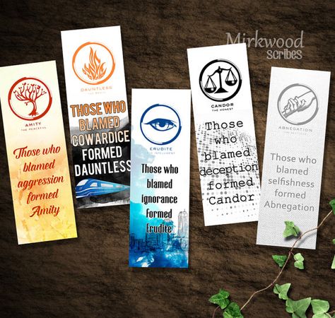 Divergent Bookmarks |  Printable Set of 5 Divergent Faction Bookmarks |  Amity, Abnegation, Candor, Dauntless, and Erudite Bookmarks Divergent Bookmarks, Angelic Demon, Divergent Party, Divergent Faction, Bookish Accessories, Divergent Factions, Divergent Trilogy, Bookmark Ideas, Divergent Series