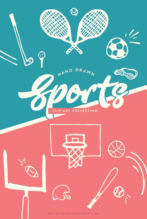 FREE Sports Clip Art Collection - Designs By Miss Mandee. Use these hand drawn elements to spruce up your next design. Great for scrapbook design, photo overlays, chalkboard art, and more! Logo Design Sports Ideas, Sports Cover Design, Tennis Advertising, Sport Design Poster, Sports Magazine Design, Sports Art Design, Sports Advertisement, Sports Poster Design, Sports Illustrations Art